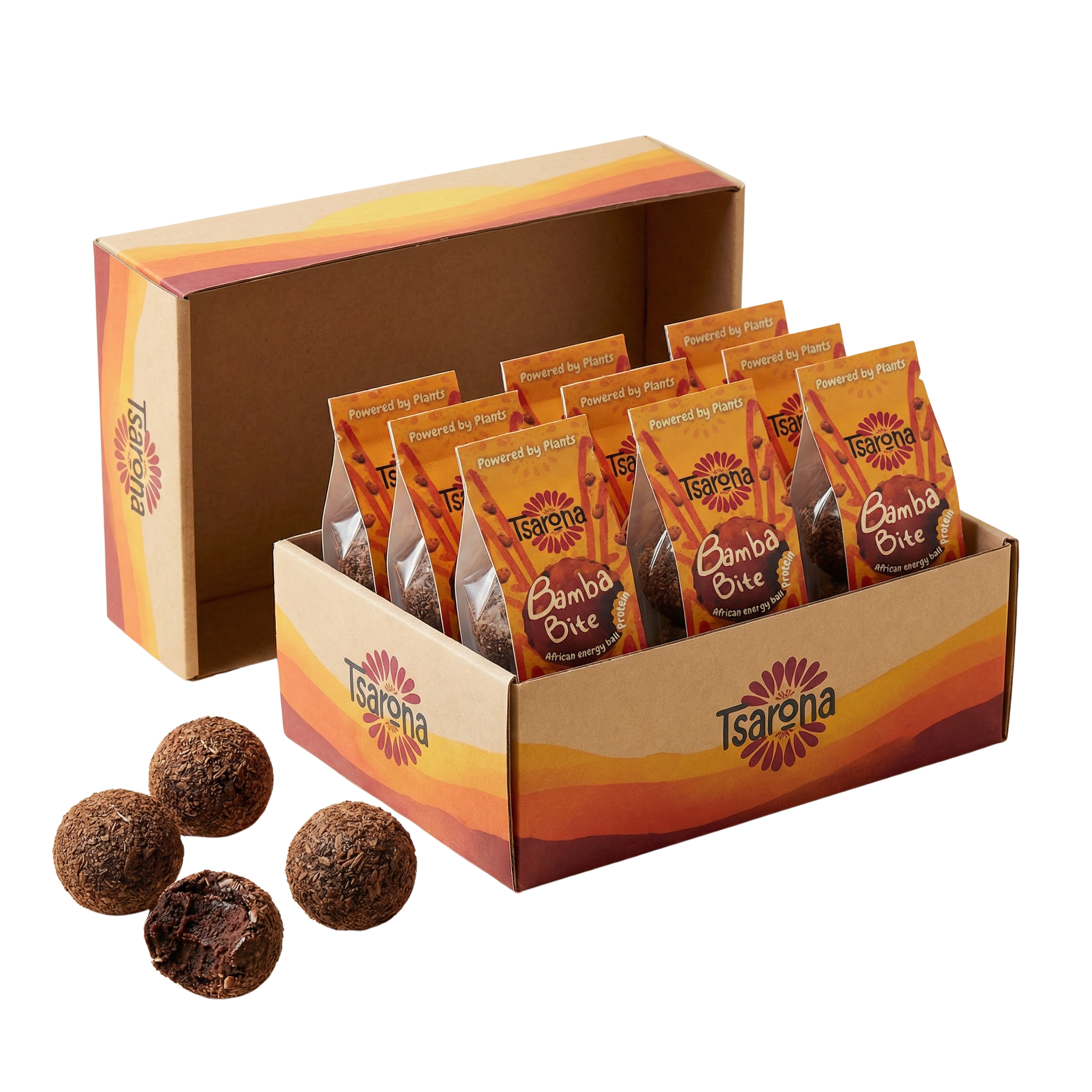 Tsarona Bamba Bite bulk box containing multiple 30g packs of vegan African energy balls, with three cacao-coated energy balls displayed in front