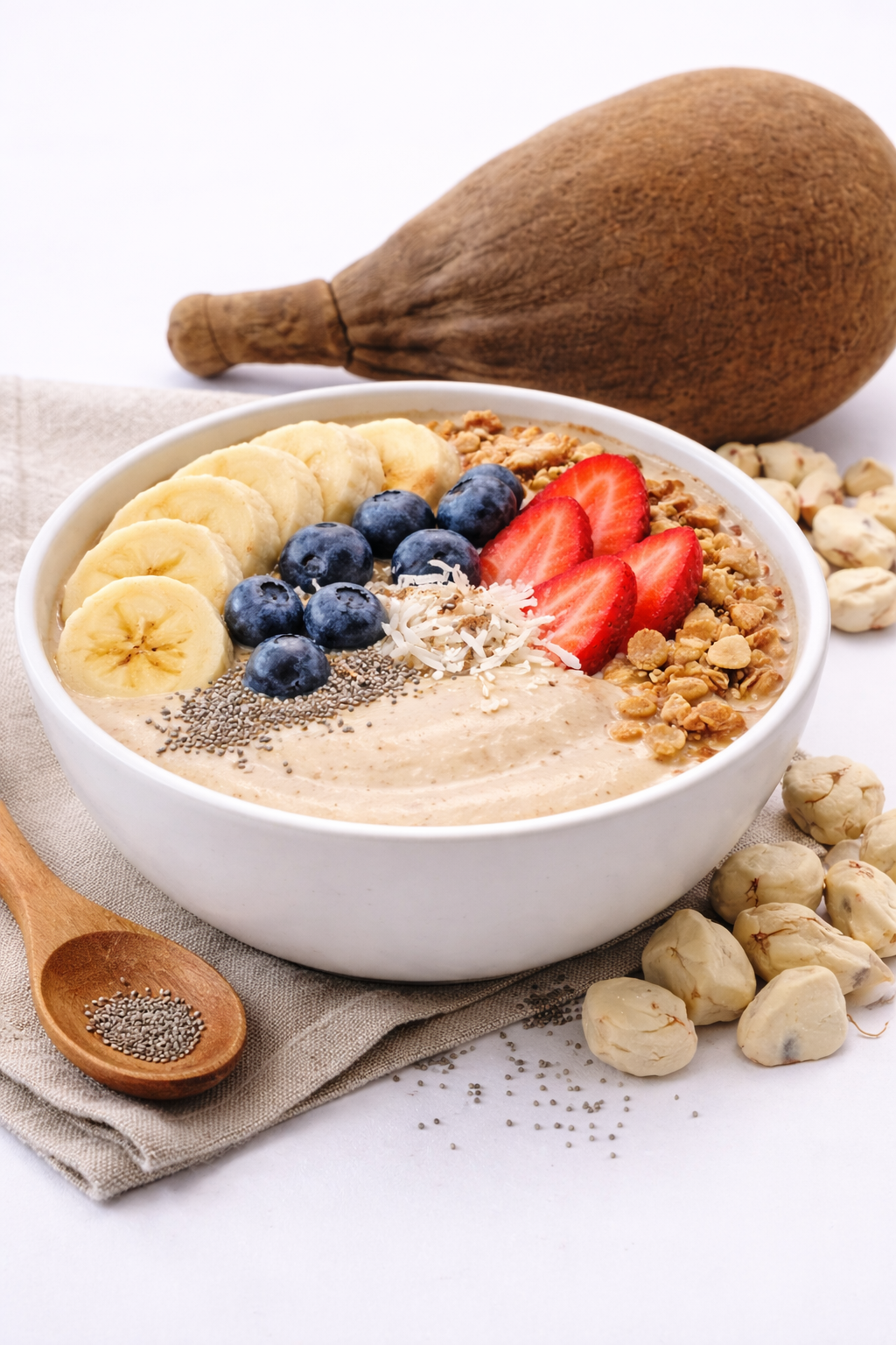 Smoothie bowl topped with banana slices, blueberries, strawberries, shredded coconut, chia seeds, almonds, and granola; a large whole cacao pod in the background and scattered hazelnuts around.