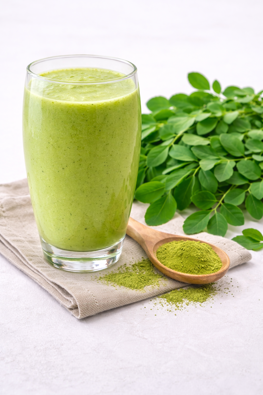 A glass of green smoothie next to a wooden spoon filled with green powdered matcha, with fresh green leaves in the background.
