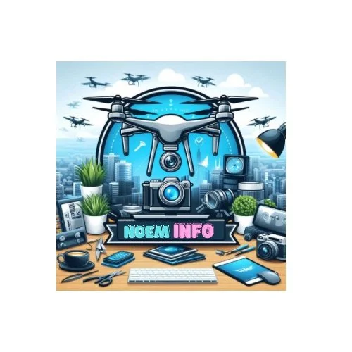 Illustration de drones volant au-dessus d'un bureau avec des appareils électroniques, des plantes et un immeuble en arrière-plan, représentant la technologie et la photographie.