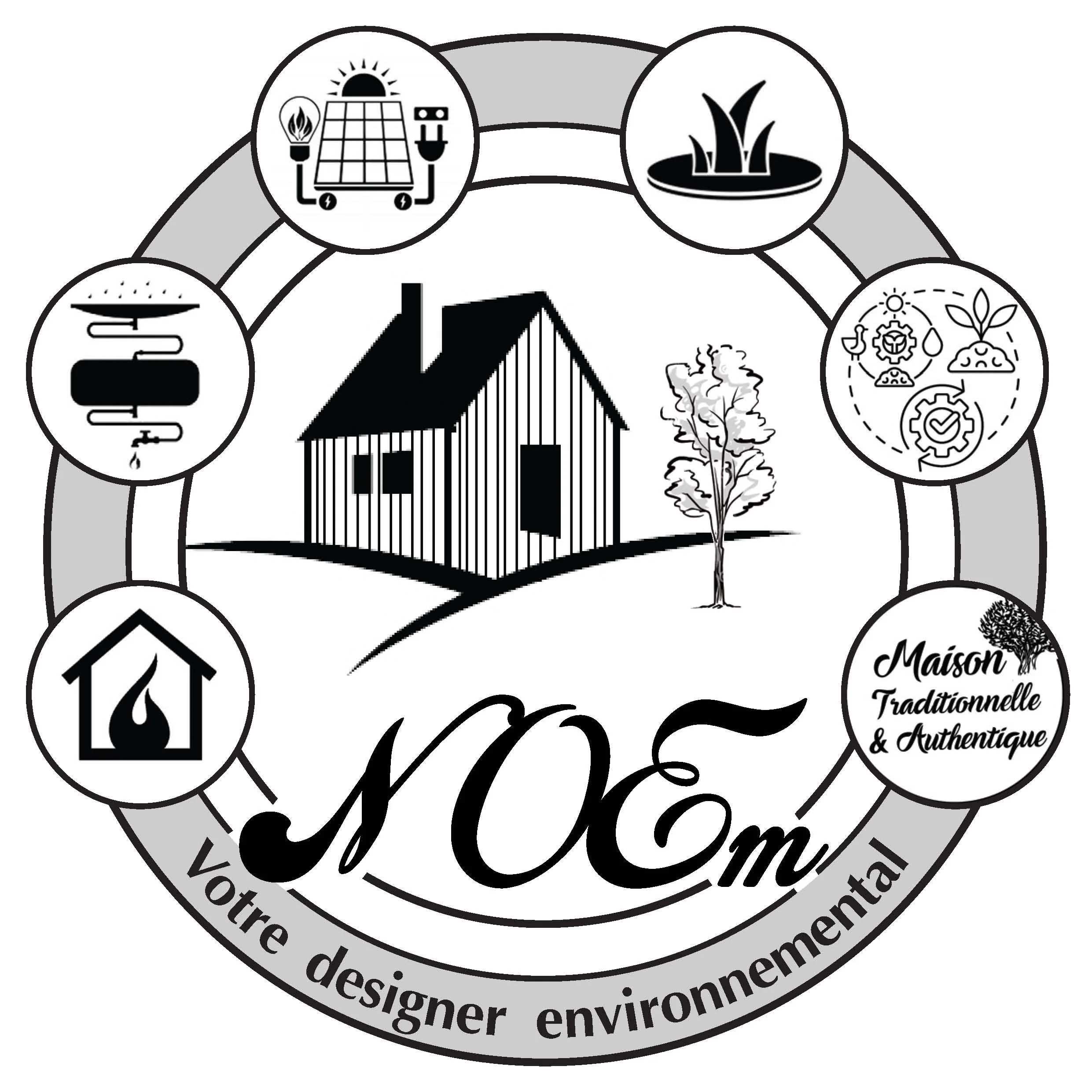 Logo d'une maison traditionnelle et authentique entourée d'icônes représentant les énergies renouvelables, la nature, la consommation responsable, la construction durable, et une devise en français 'Votre designer environnemental'.