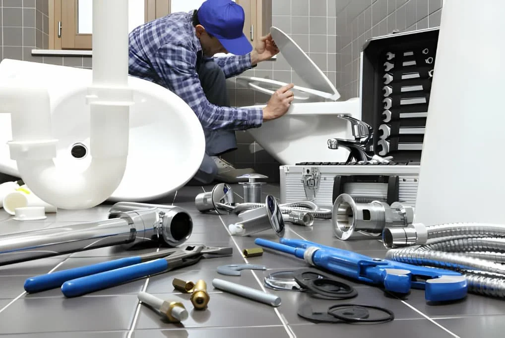Un homme en uniforme de plombier répare une fuite sous une baignoire, entouré d'outils de plomberie sur le sol.