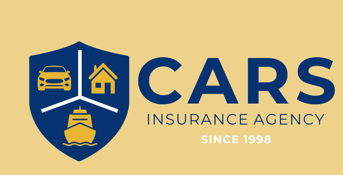 CARS Insurance Agency shield divided into car, home, and boat coverage symbols