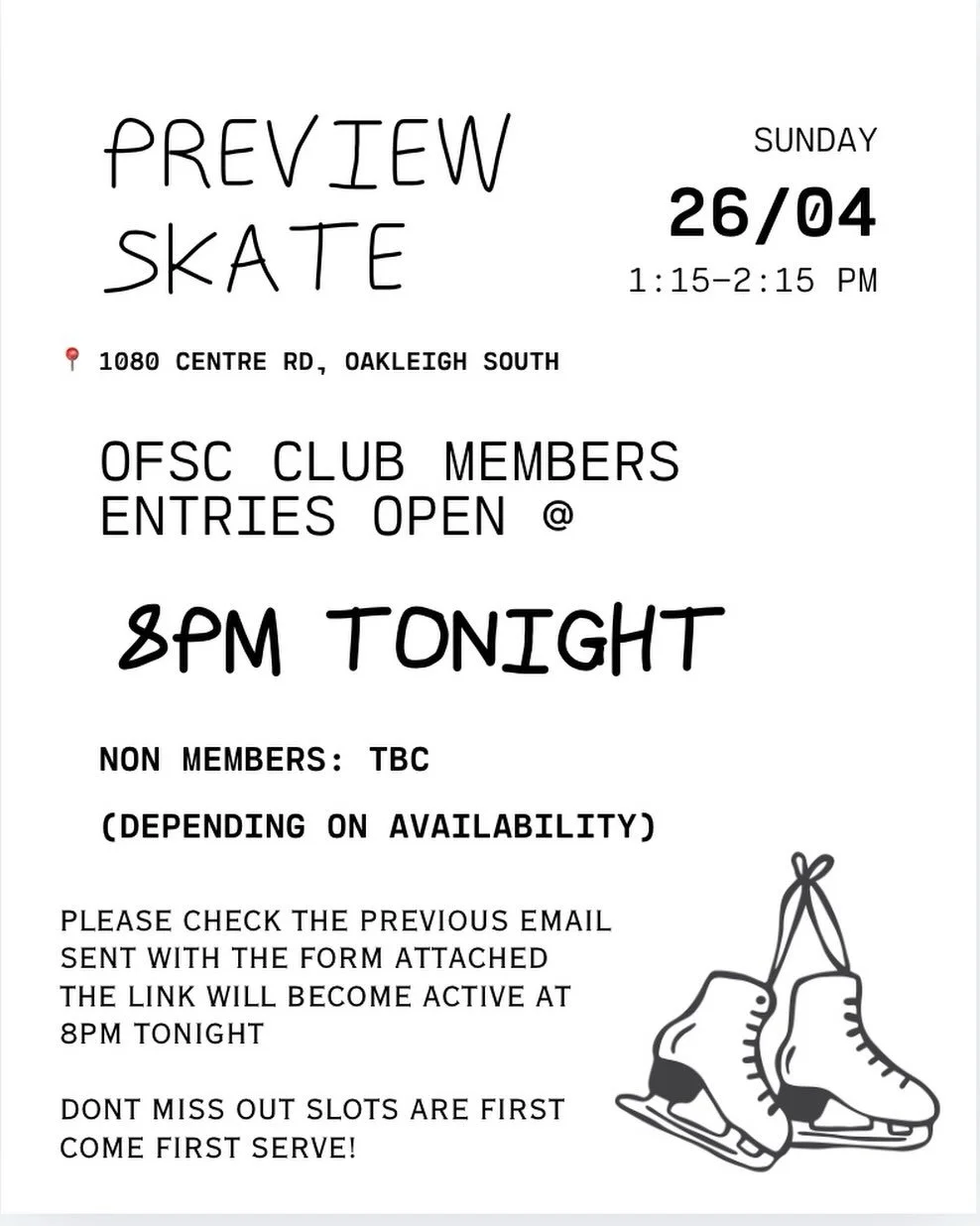 DON&rsquo;T MISS REGISTRATION ⏰

Registrations for our autumn preview skate open tonight at 8PM for all OFSC members! 🍁 

Slots are limited and first come first serve so have your details and music ready to go! 📝

Spectators welcome 🤩 Come support