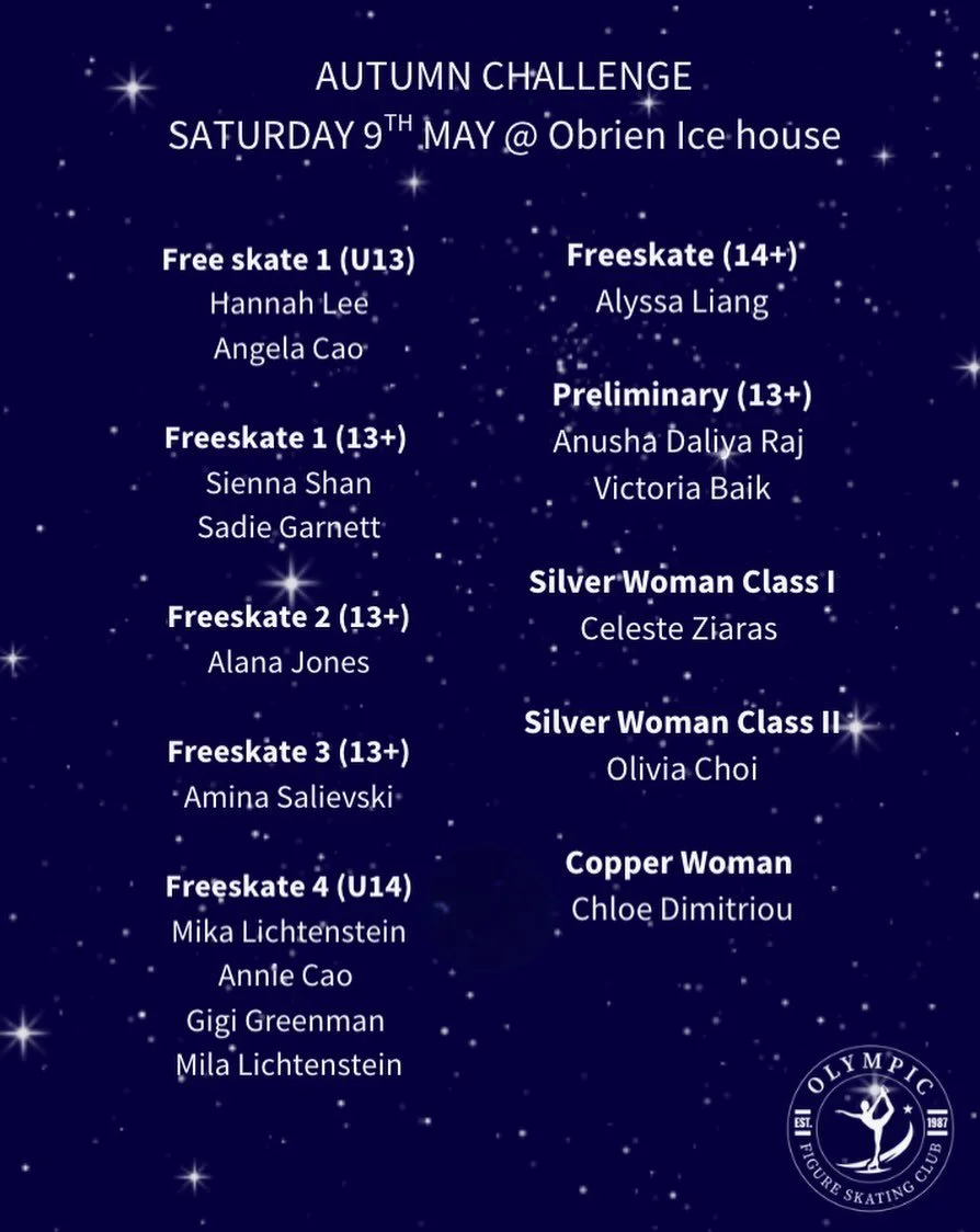 ITS ALL HAPPENING THIS WEEKEND ! 🐧⛸️

Autumn challenge hosted by MFSC is on THIS SATURDAY from 12-3 our skaters will participate in the first melbourne comp of the year! 🍁🏆

Everyone has been working super hard to put on their best for this weeken