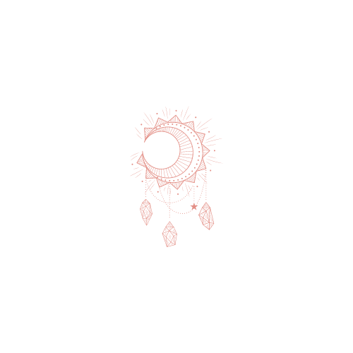 Illustration minimaliste d'un symbole de lune, soleil et attrape-rêves en style doodle, en couleur rouge sur fond blanc.