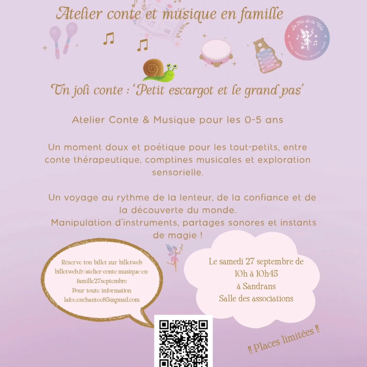 Mes p'tits et grands enchanteurs ✨🎶

Je suis heureuse de vous annoncer mon 1er atelier de la rentr&eacute;e avec mon atelier conte et musique en famille 💓

L'atelier aura lieu le 27 septembre a la salle des associations de Sandrans de 10h a 10h45.
