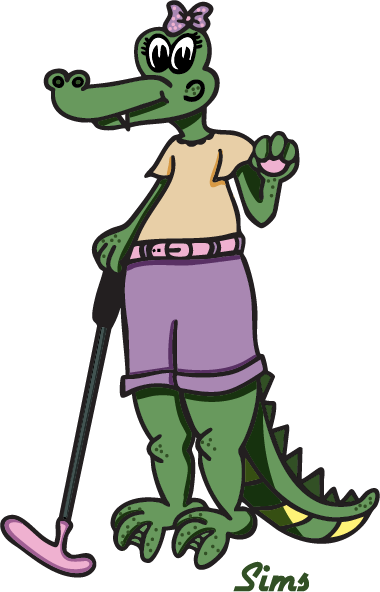 An illustration of Sims, the Sea Island Mini Golf Gator daughter