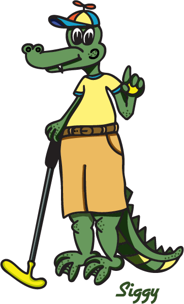 An illustration of Siggy, the Sea Island Mini Golf Gator son