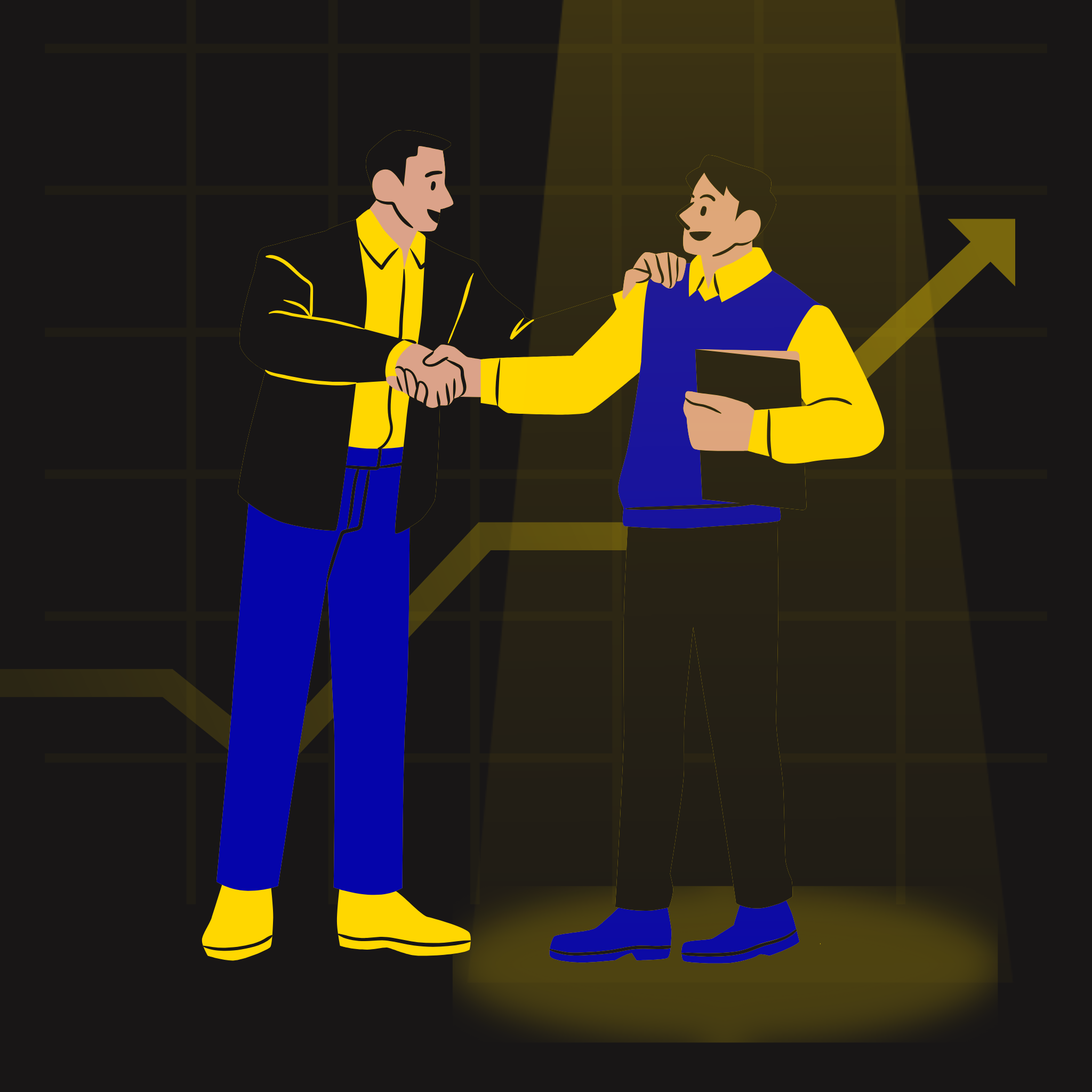 Two business men shaking hands on a financial growth chart background, symbolizing successful deal or agreement.
