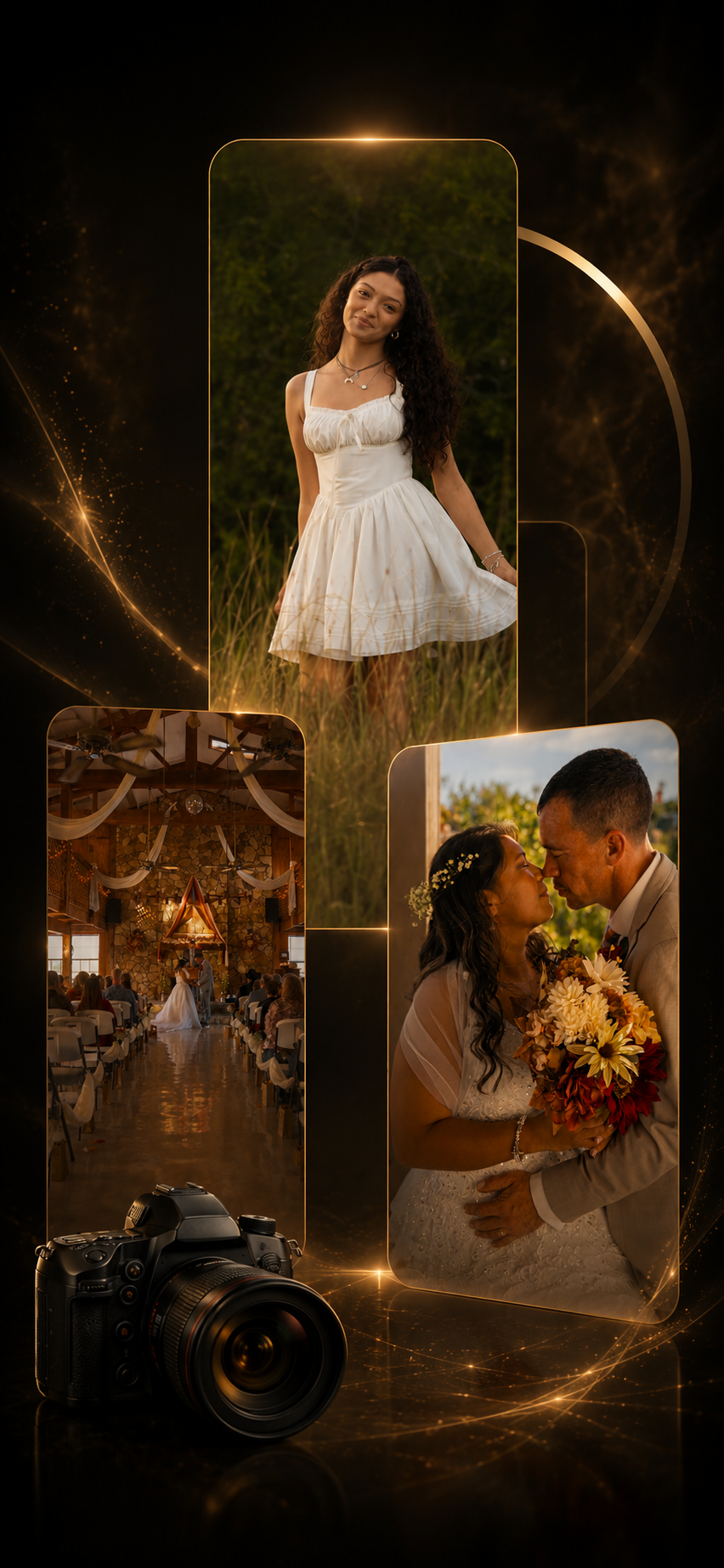 Collage of wedding photos with a woman in a white dress outdoors, a bride and groom close together, and a decorated ceremony hall, with a camera at the bottom on a black background with gold accents.