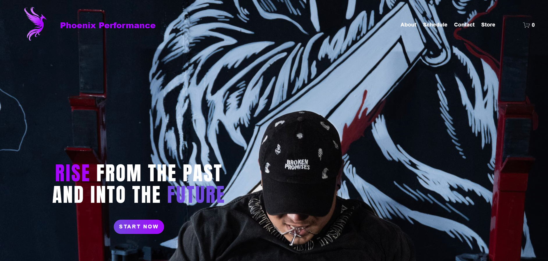 A person wearing a black cap with white text reading "Broken Promises" and a hoodie, sitting in front of a mural of a stylized wolf painted in black, white, and red with red chairs on either side.