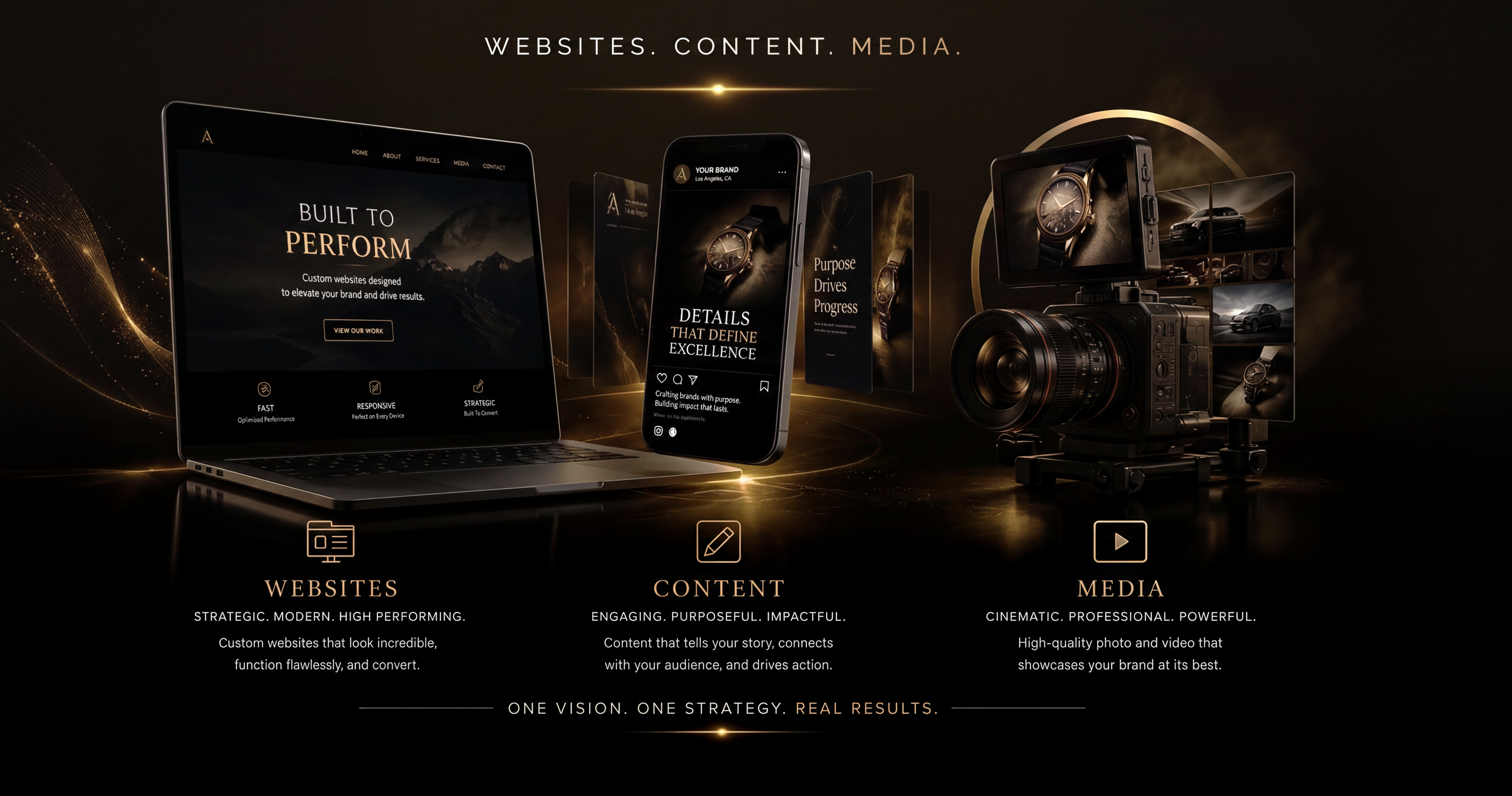 A digital graphic design showcases a concept for a media and website development company. Features include a laptop, a smartphone, and a professional camera with multiple screens displaying images and content, set against a dark background with golden accents.