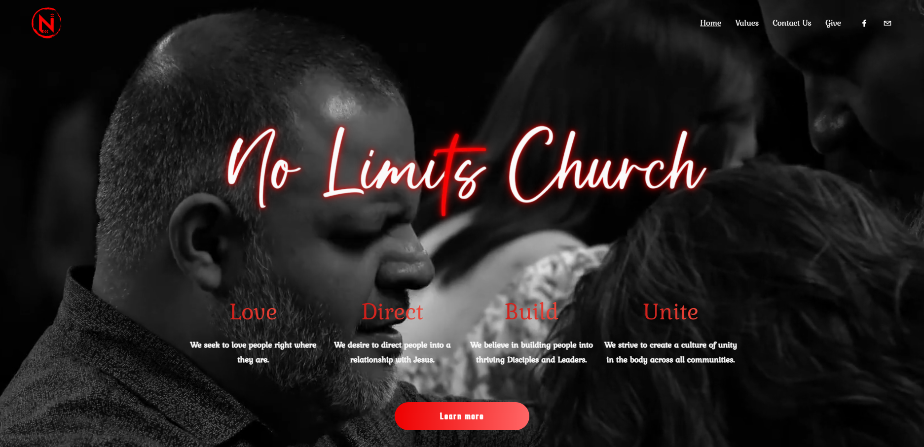 A black-and-white photo of people praying, with red text on top that reads 'No Limits Church' and supporting text about love, direction, building, and unity.