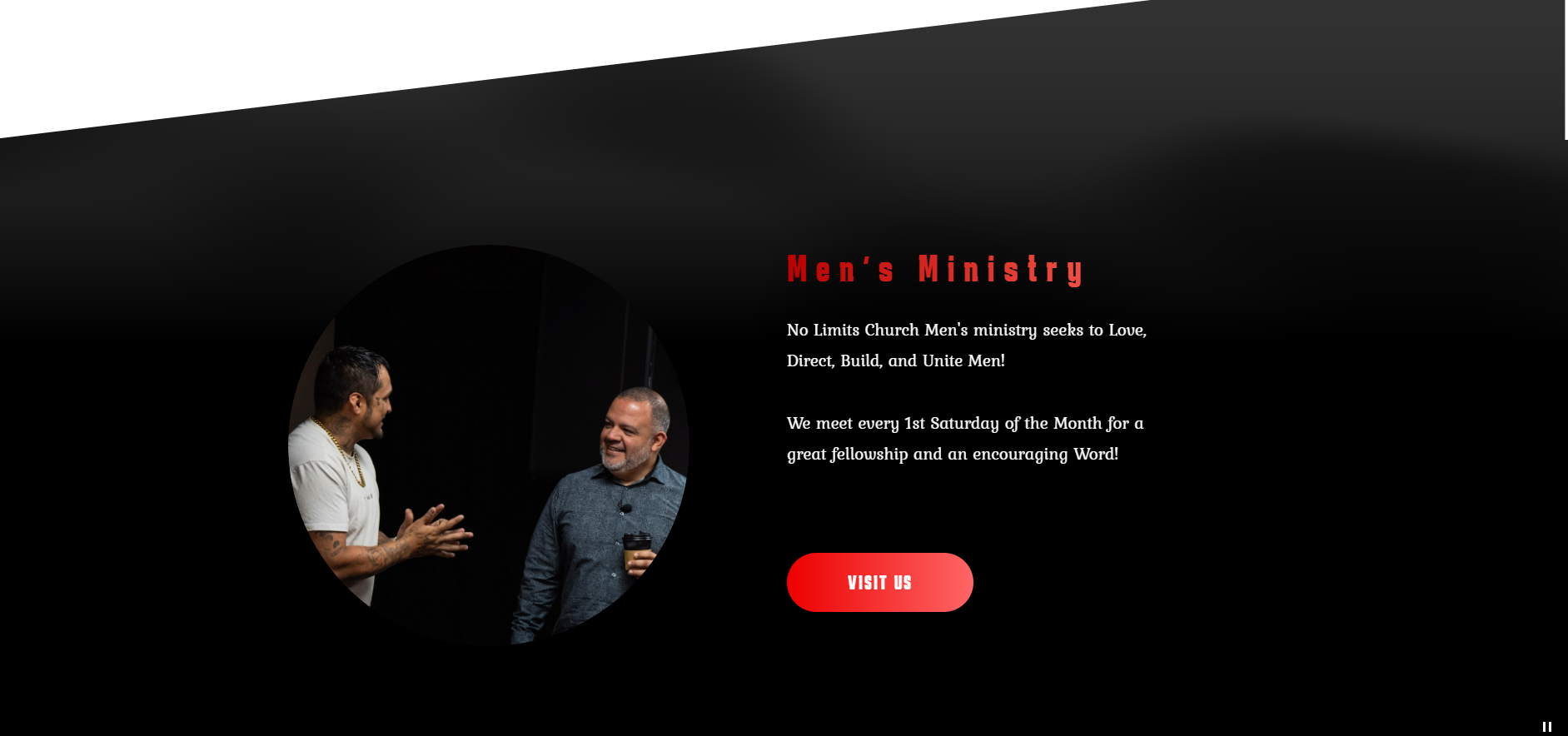Men's Ministry flyer with a photo of two men conversing, black background with red and white text, and a red button labeled "Visit Us".