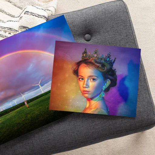 Two printed photographs on a gray surface. One shows wind turbines under a rainbow sky, the other is a portrait of a young girl wearing a crown with colorful lighting effects.
