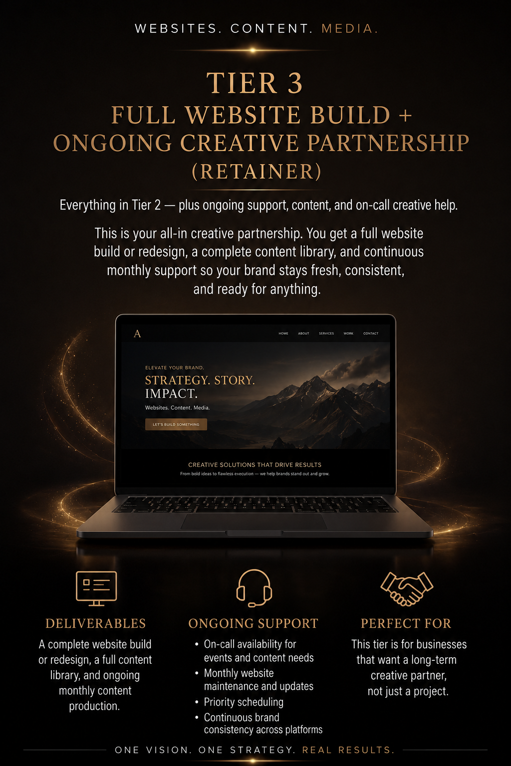 A promotional advertisement for tier 3 full website build and ongoing creative partnership, featuring a dark background with gold accents, an image of a laptop displaying a website, and icons representing deliverables, ongoing support, and business suitability.