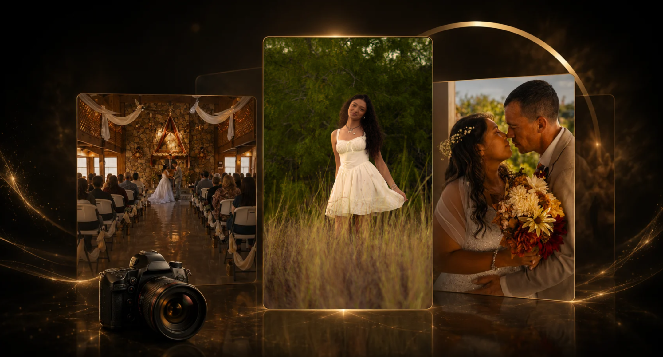 Collage of three wedding photos with a camera and photography equipment at the bottom. The first photo shows a church wedding with an aisle, guests, and a couple at the altar. The second photo features a woman in a white dress standing outdoors in front of green trees. The third photo captures a bride and groom sharing a moment outdoors, with the bride holding a bouquet of yellow and orange flowers.
