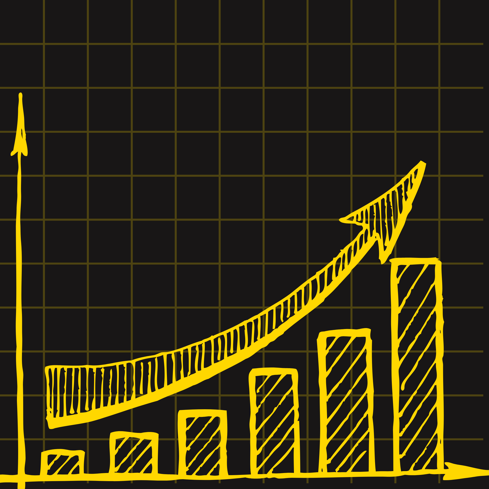 A yellow hand-drawn bar and line graph on a black background, showing an upward trend with increasing bars and an arrow.