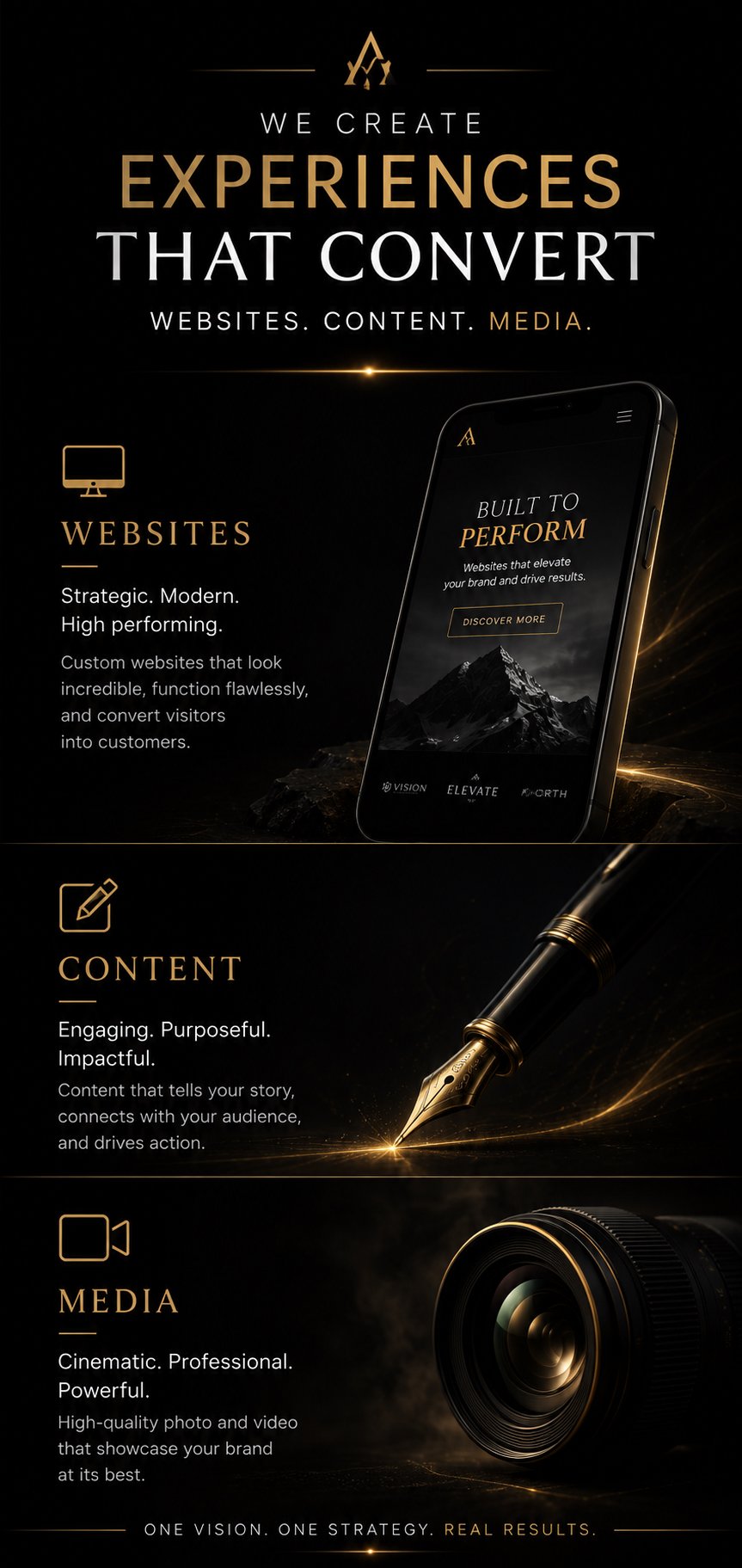 A promotional digital graphic with black and gold theme, emphasizing creating engaging digital experiences through websites, content, and media. It features a smartphone with a mountainous landscape, a gold fountain pen, and a camera lens.