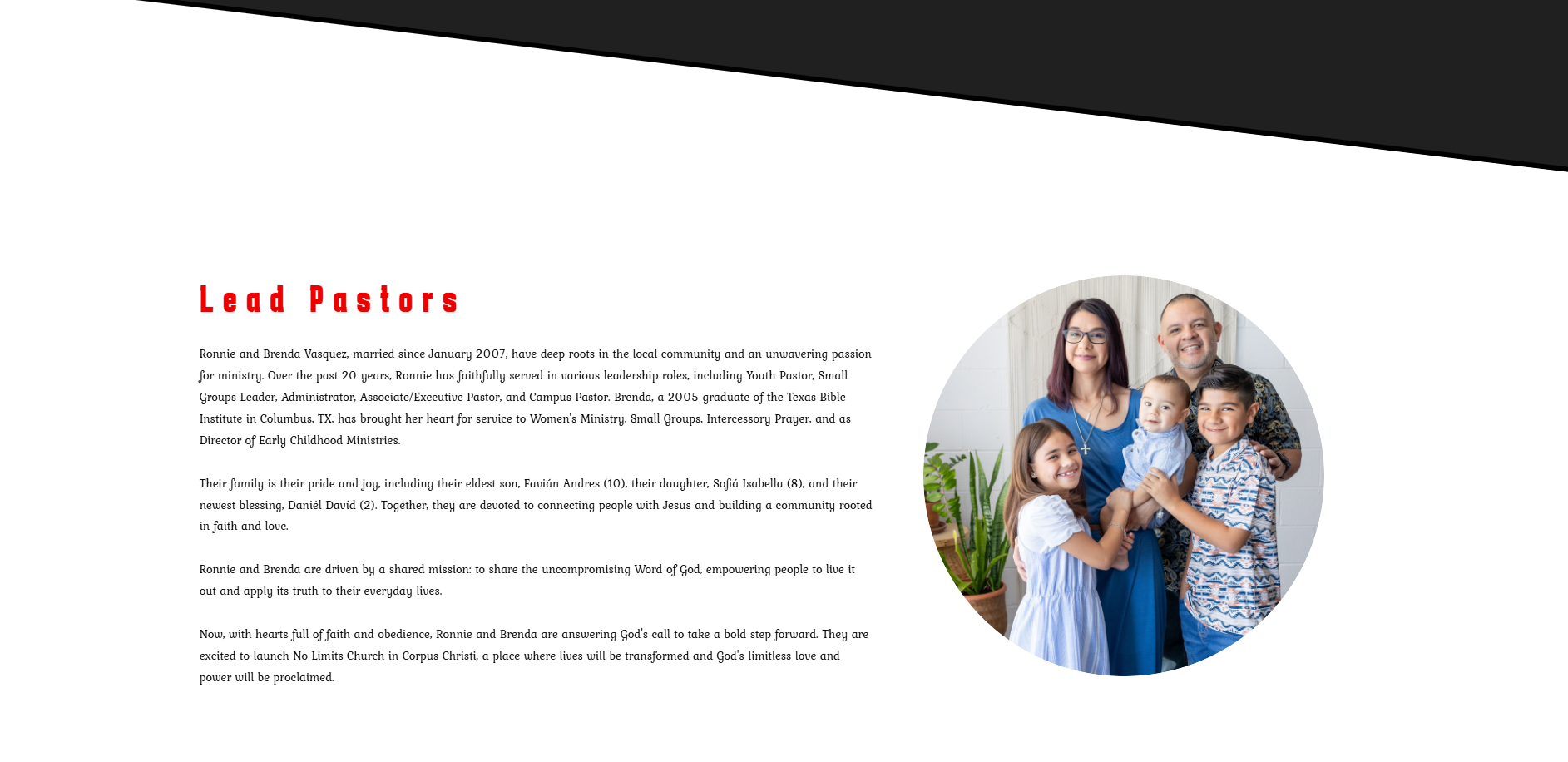 A webpage featuring a family photo with a woman, man, and three children, next to a written biography about pastors Ronnie and Brenda Vasquez.