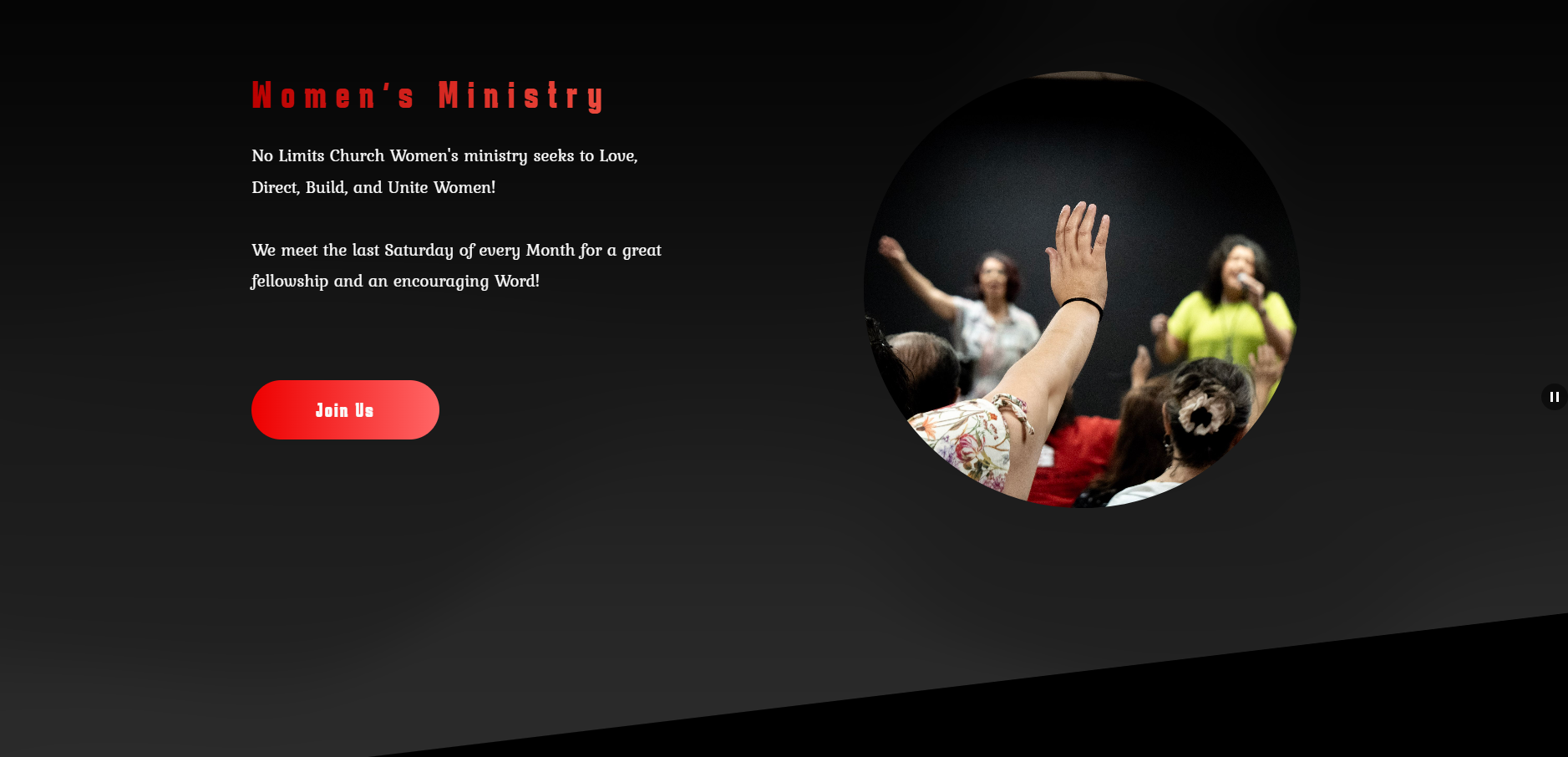 Webpage promoting Women's Ministry with a black background, red header text, and an image of women engaging in a group activity or presentation.