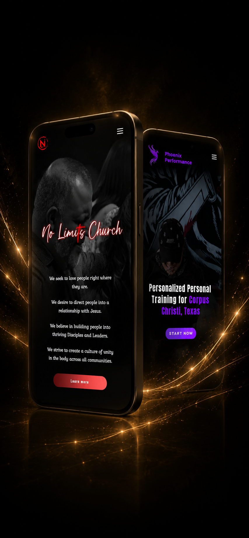 Two smartphones with dark backgrounds displaying church and training app screens, surrounded by glowing golden light and sparkles.