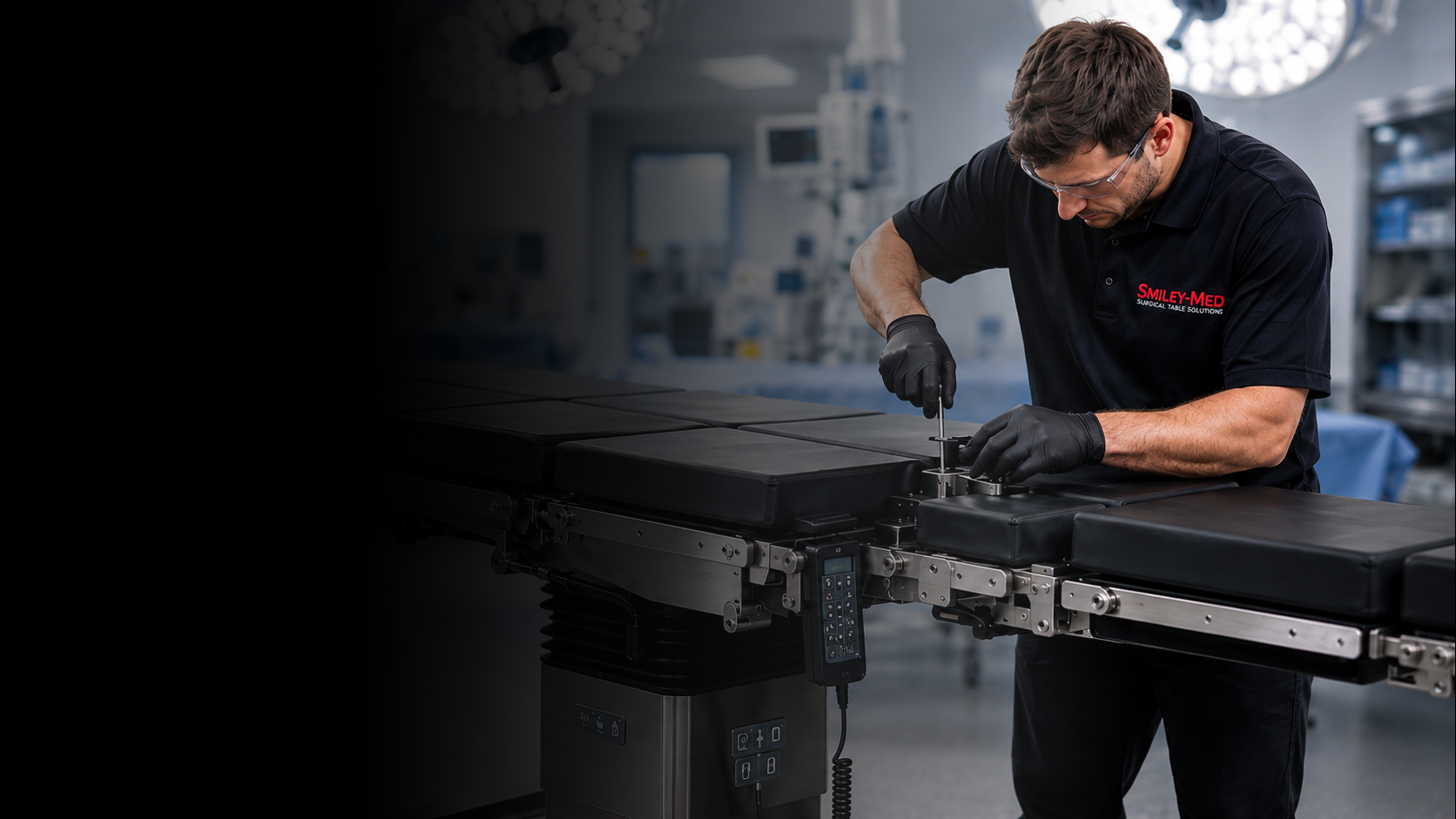 A man wearing glasses, black gloves, and a black polo shirt with the logo 'SMILEY-MED SURGICAL TABLE SOLUTIONS' is working on a medical examination or surgical table in a clinical setting. He appears to be adjusting or inspecting the table.