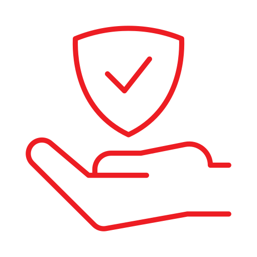 Outline of a hand holding a shield with a checkmark in the center, representing protection or security.