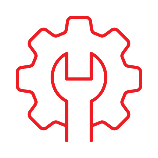 Red outline of a gear with a wrench and hammer inside, symbolizing tools or settings.
