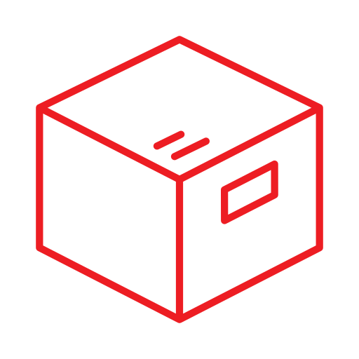 A red outline illustration of a cardboard box with side handle and vents on the top.