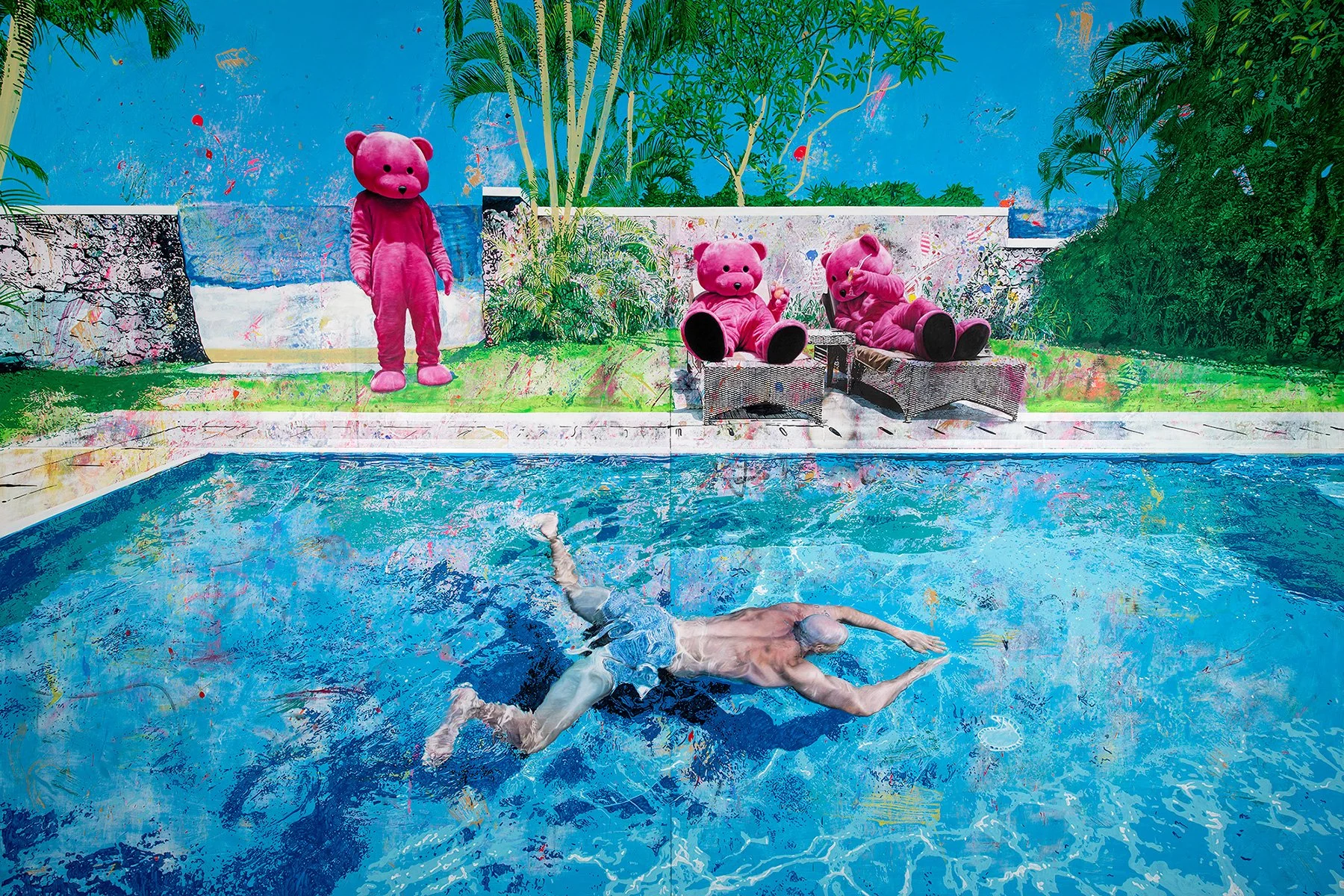 Portrait Of An Artist (One Figure And Three Bears) After Hockney - 2020 - Oil and Acrylic on Poplar Ply - 366cm x 244cm