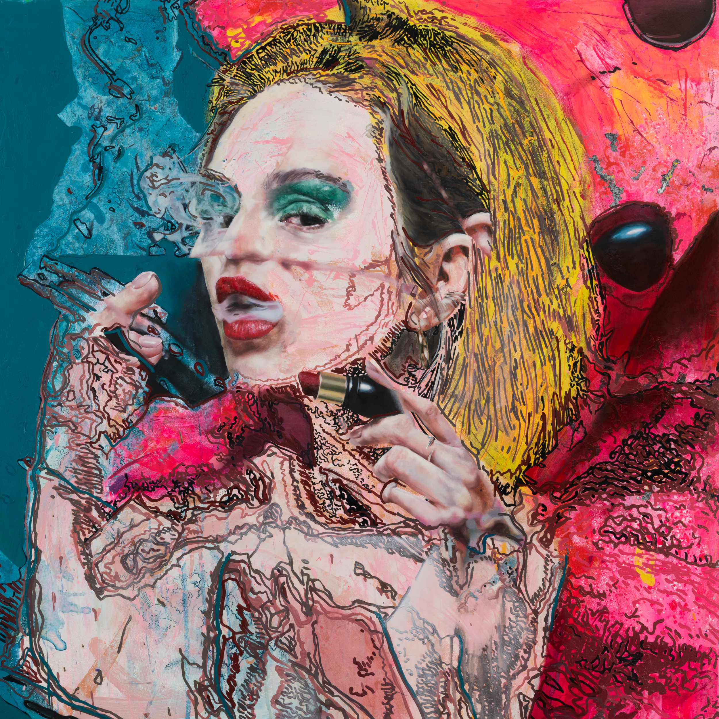 A with Cigarette and Lipstick - 2024 - Oil and Acrylic on Panel - 122cm x 122cm