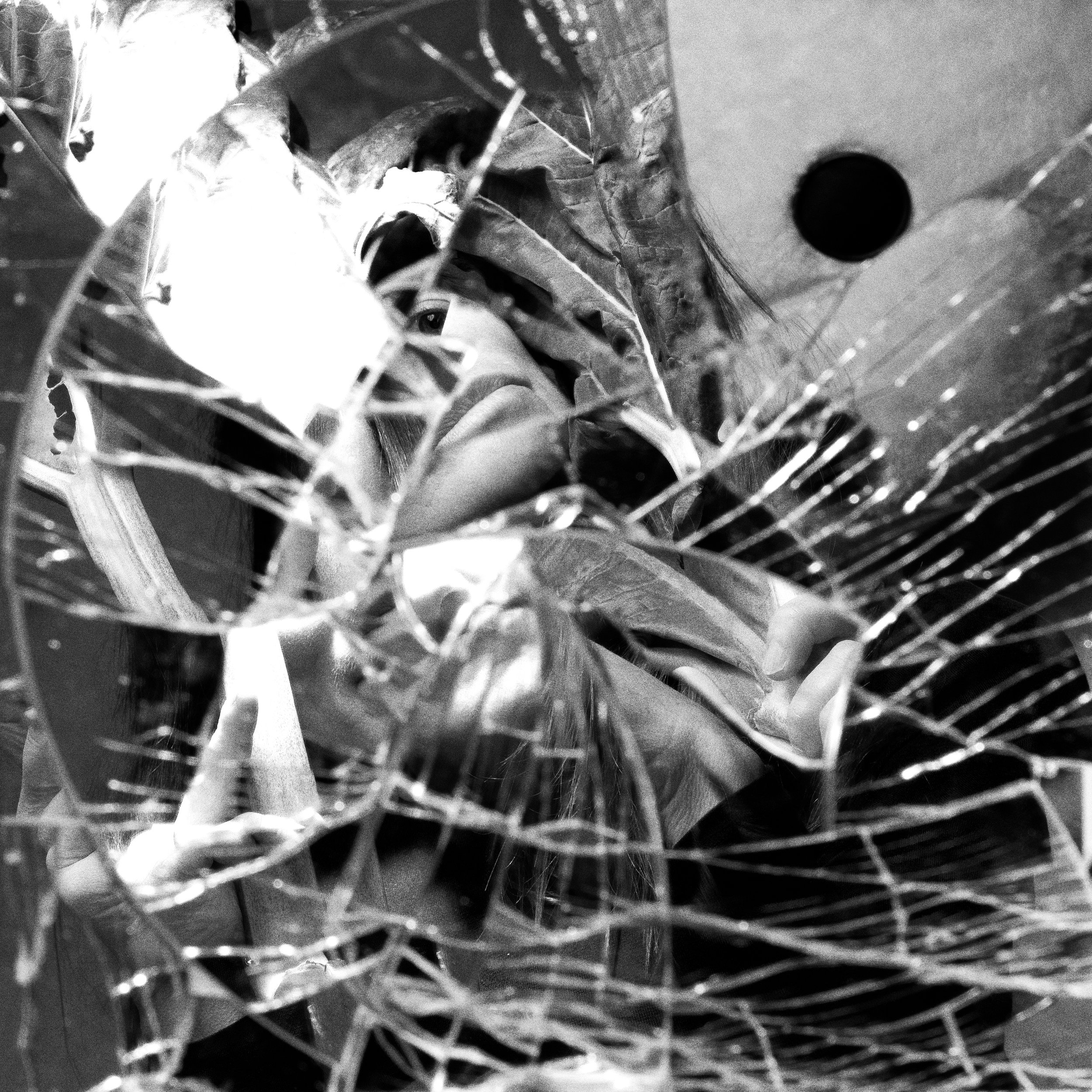 A person peeks through shattered glass with a large hole in it.
