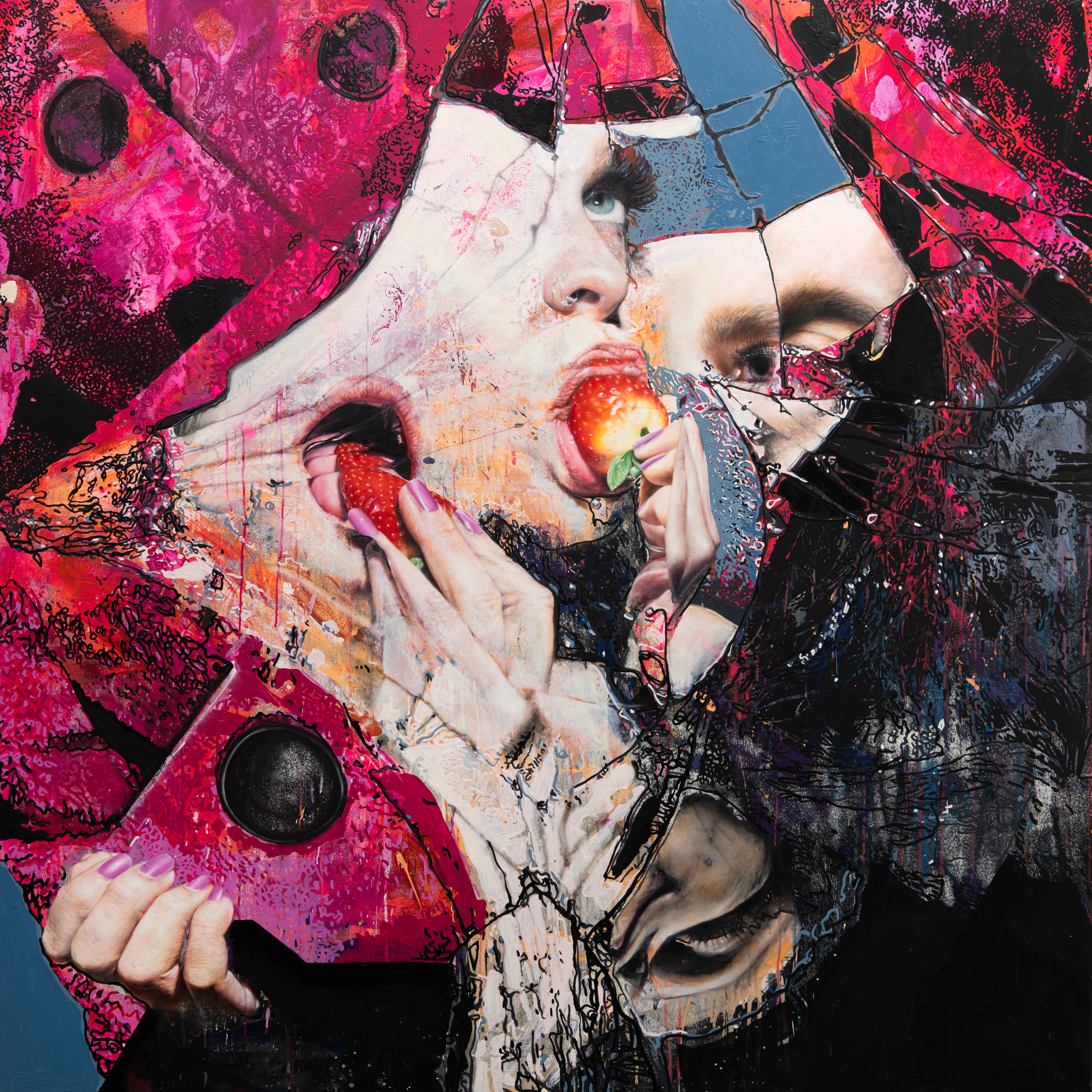 S with Strawberries - 2024 - Oil and Acrylic on Panel - 183cm x 183cm
