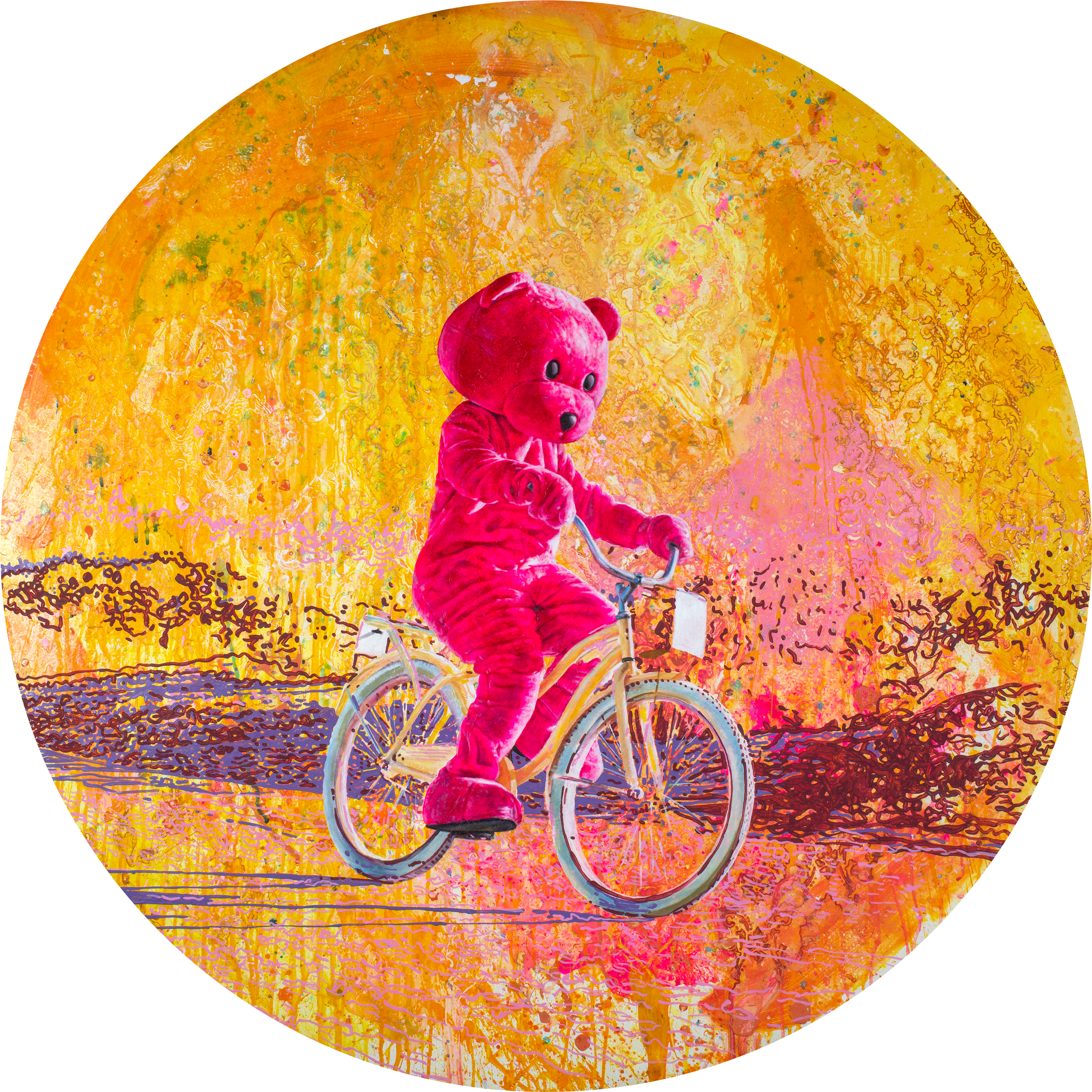 Sunshine Cycling - 2022 - Oil and Acrylic on Ply - 123cm Tondo