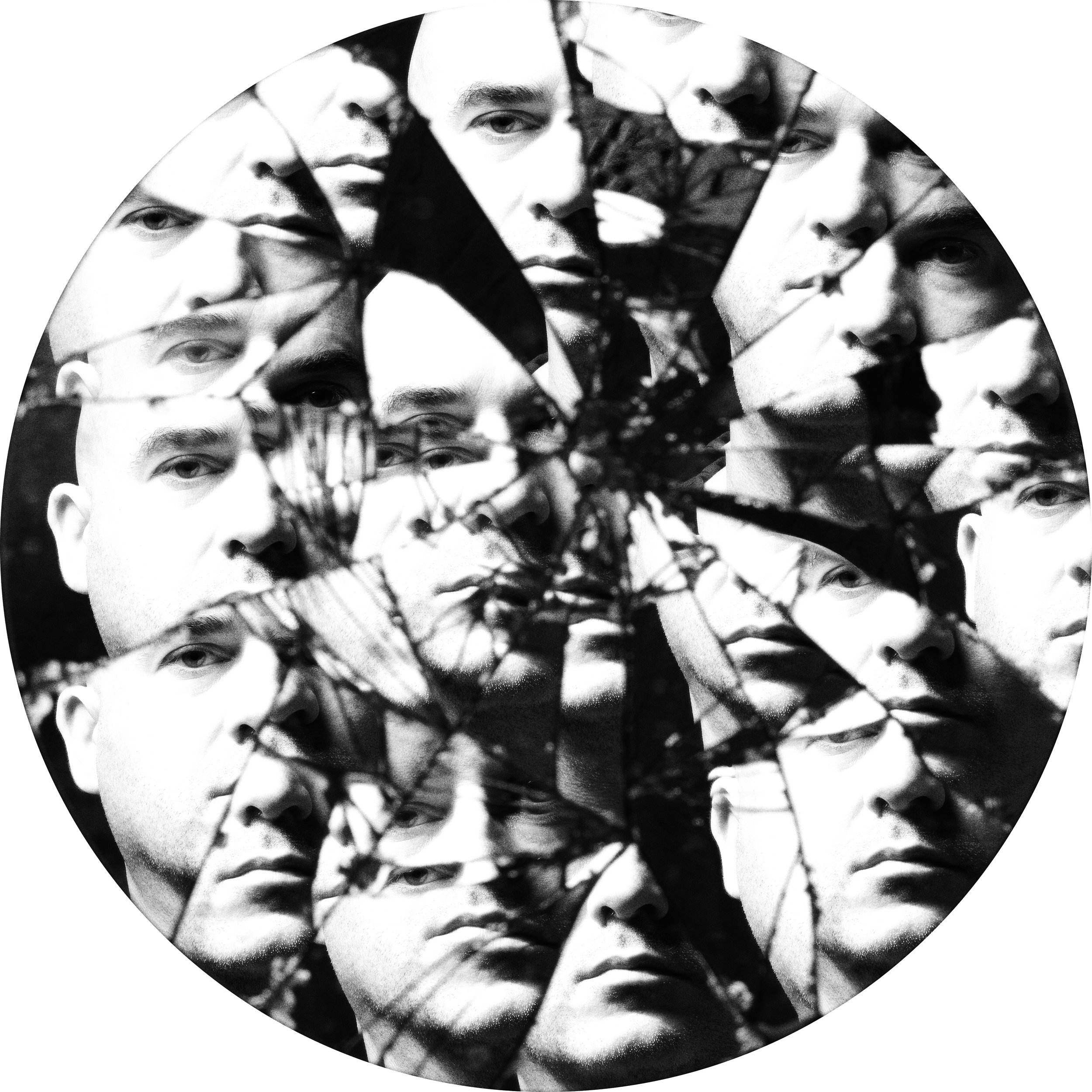 A circular collage of shattered glass with multiple black-and-white images of a man's face behind it.