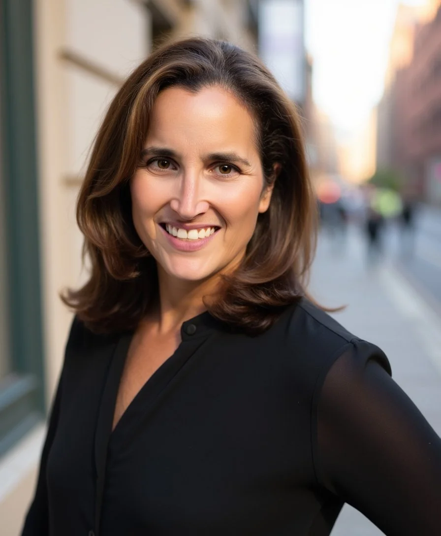 A woman with shoulder-length brown hair, smiling, wearing a black top, standing outdoors in an urban setting with blurred buildings and pedestrians in the background.