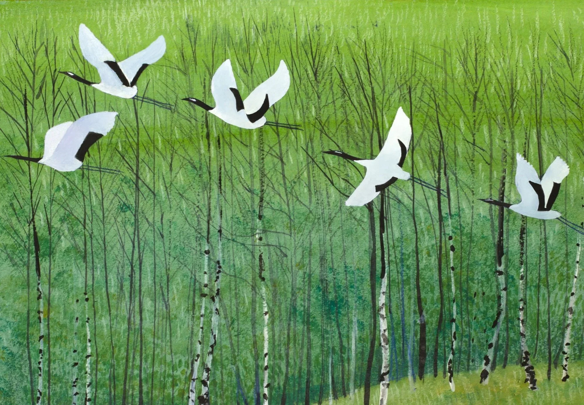 Painting of a group of six white birds with black markings flying above a forest of tall, slender trees with green leaves.