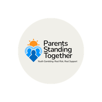 Parents Standing Together logo featuring a sun, clouds, and three people, with the slogan 'Youth Gambling: Real Risk, Real Support'.