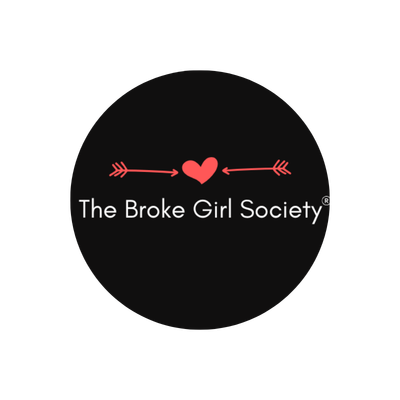 Logo with a red heart and arrows on a black background, reading 'The Broke Girl Society'.