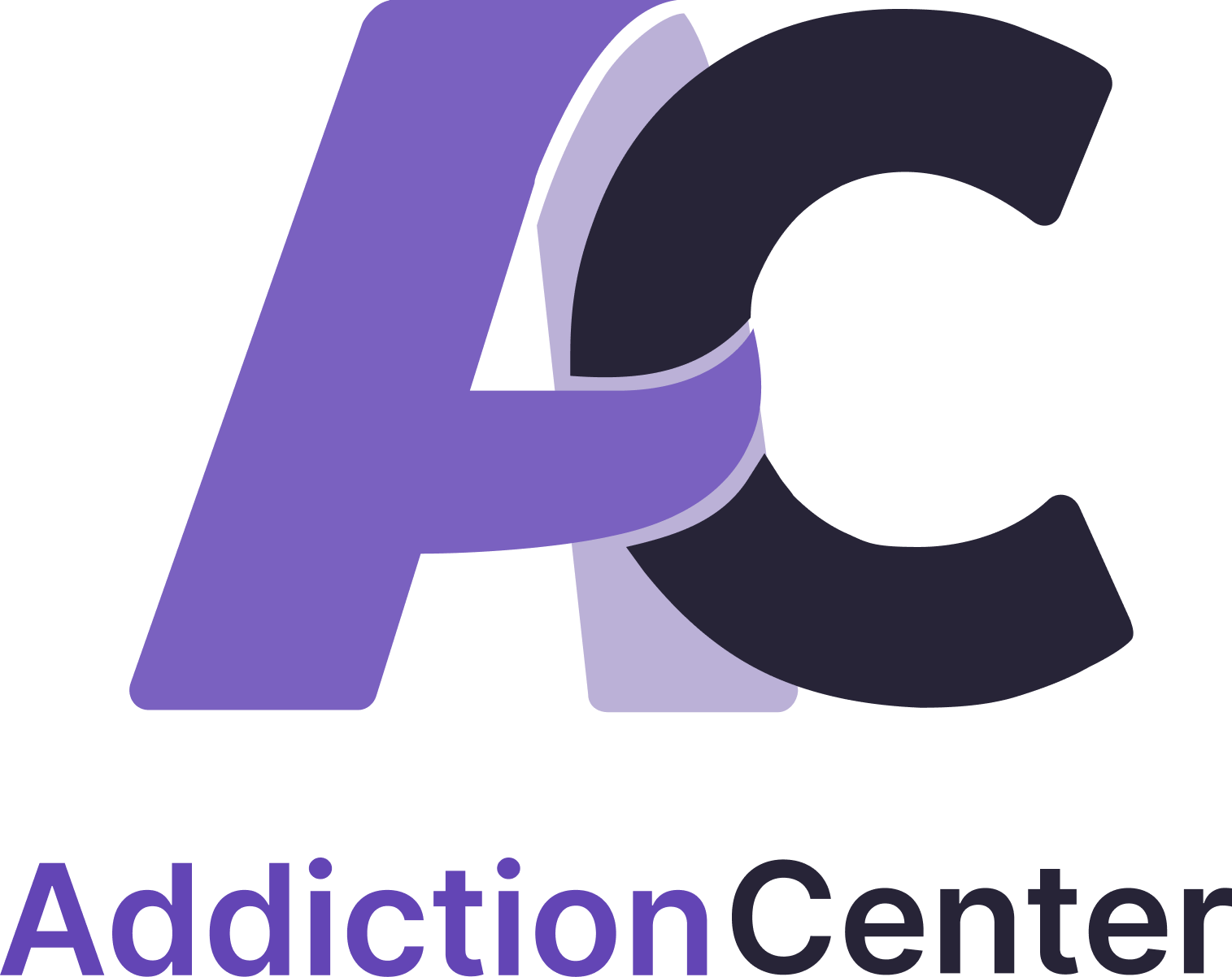 Stylized logo with a large purple and black 'A' and 'C' and the words 'Addiction Center' below in purple and black.