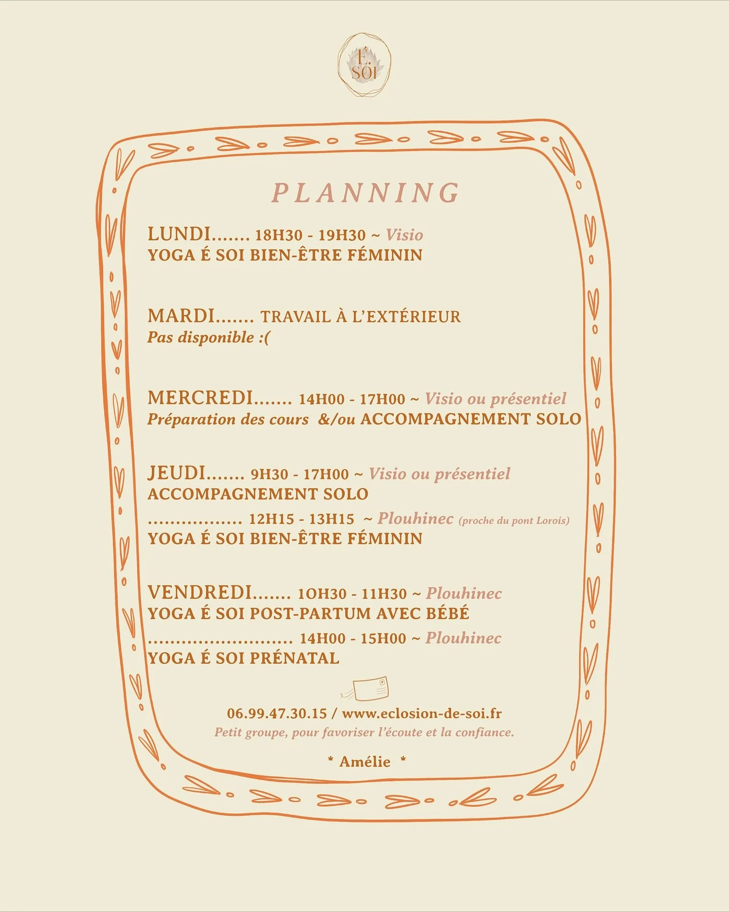 Nouveau planning ✨ 

Des modifications d&rsquo;heures et de lieux ☺️ 

Si tu veux pratiquer un yoga adapt&eacute; &agrave; ton cycle menstruel 🩸~ d&eacute;couvre le yoga &eacute; soi bien-&ecirc;tre f&eacute;minin 

Alors partantes en visio le lundi