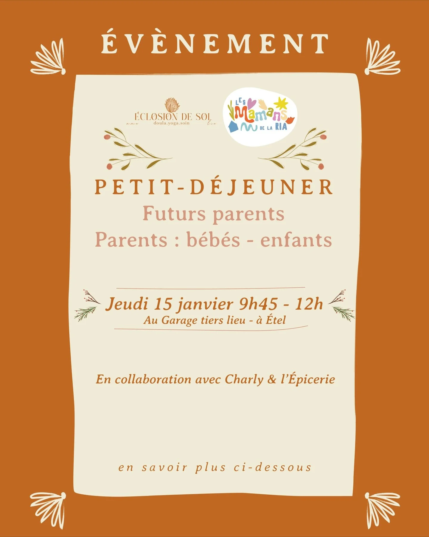 Un petit rappel de l&rsquo;&eacute;v&eacute;nement ✨
Les Petit-d&eacute;jeuners futurs parents, parents-b&eacute;b&eacute;s/enfants &agrave; &Eacute;tel, au Garage, en collaboration avec l&rsquo;&eacute;picerie, avec une formule petit-d&eacute;jeuner