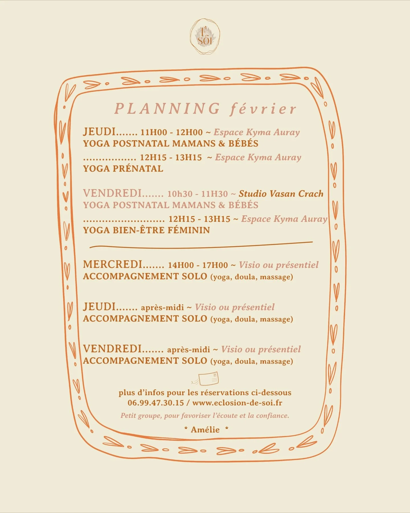 Hey ! 

Nouveau planning &agrave; partir du mois de f&eacute;vrier 🤗

Vous pouvez me retrouver &agrave; l&rsquo;Espace Kyma &agrave; Auray @espace.kyma le jeudi et le vendredi.
R&eacute;server son tapis : 
https://www.eversports.fr/scl/espace-kyma

