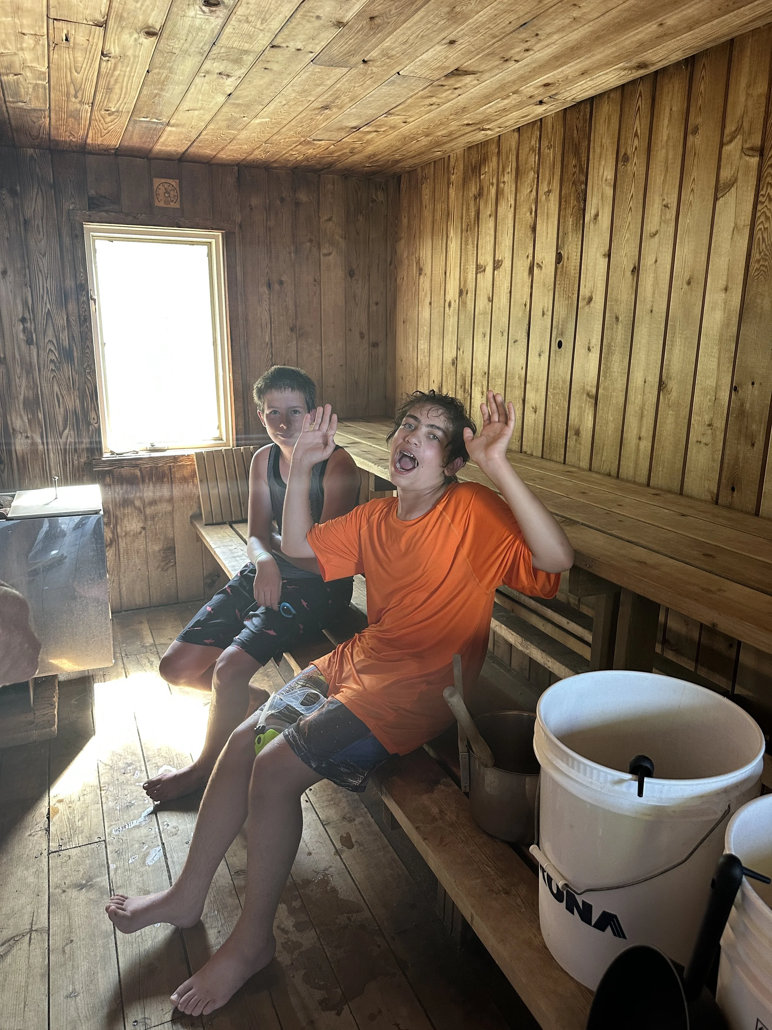 Cory and Bert enjoying a Finnish Sauna