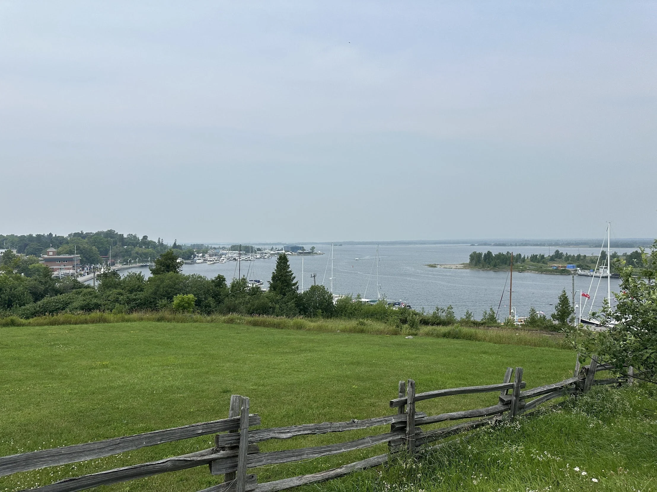 View of Little Current town docks from bluf