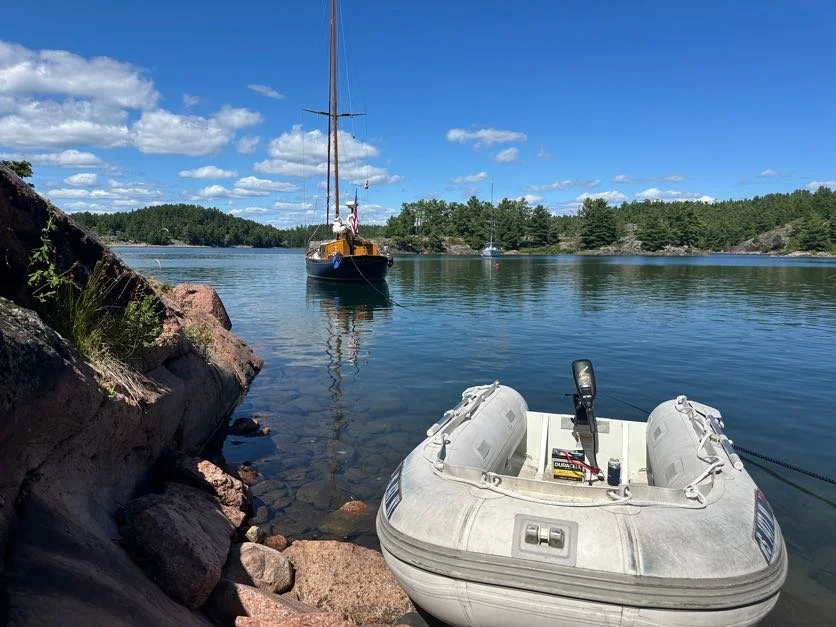 View of our boat from the dinghy to shore. Not far!