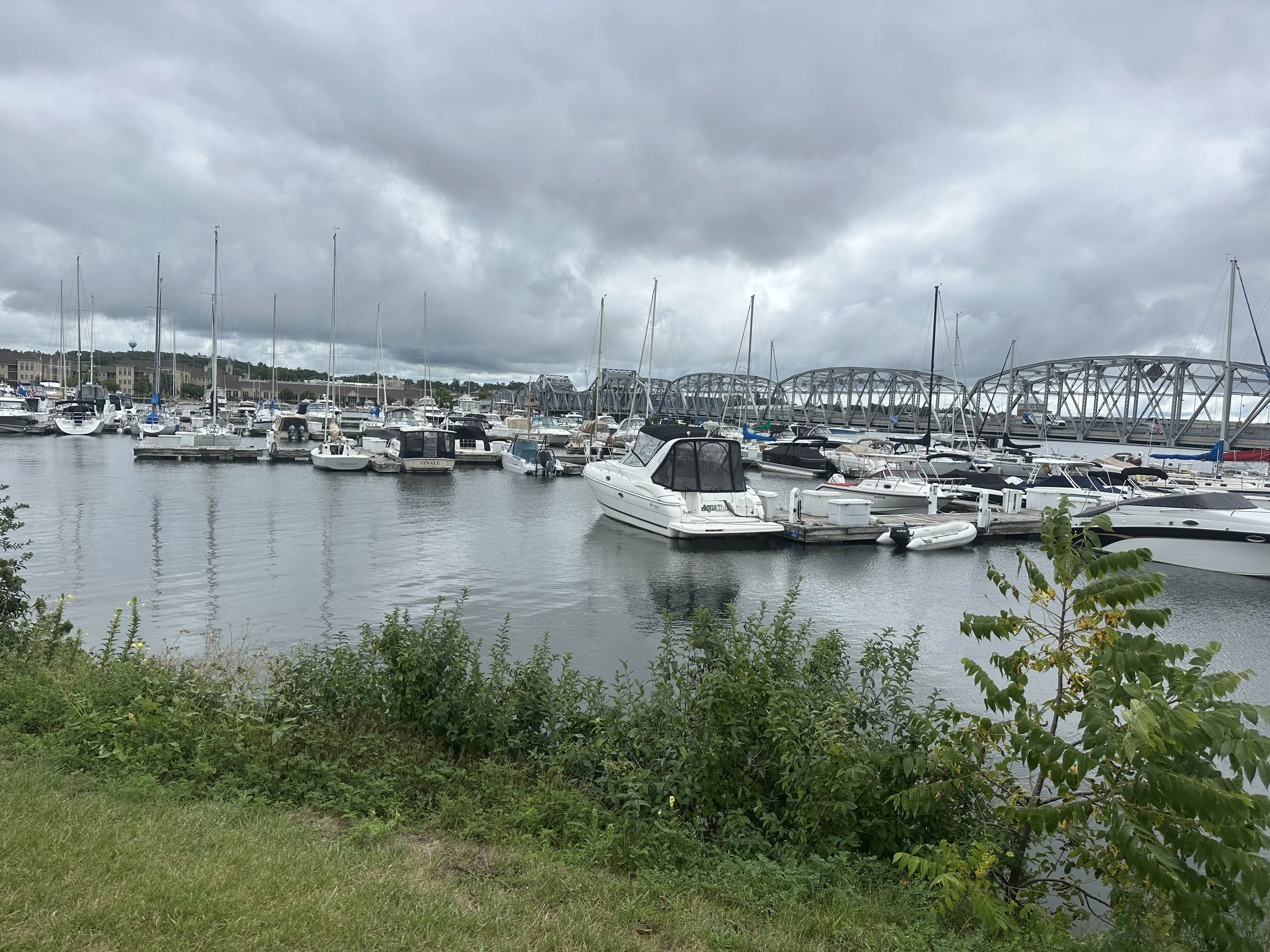 Walking along the old railroad trail near or old marina