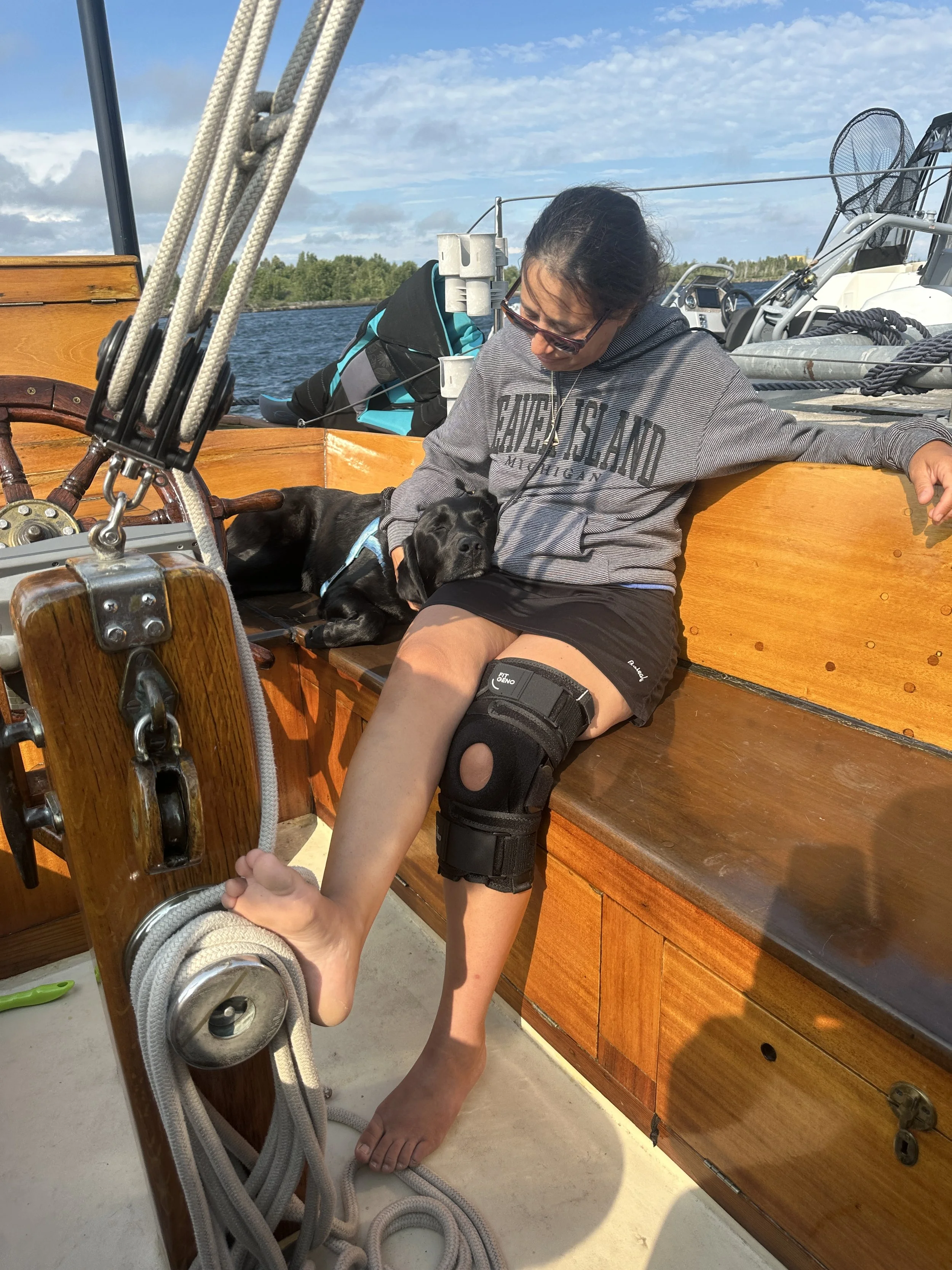 Hanging out with Kona and new brace